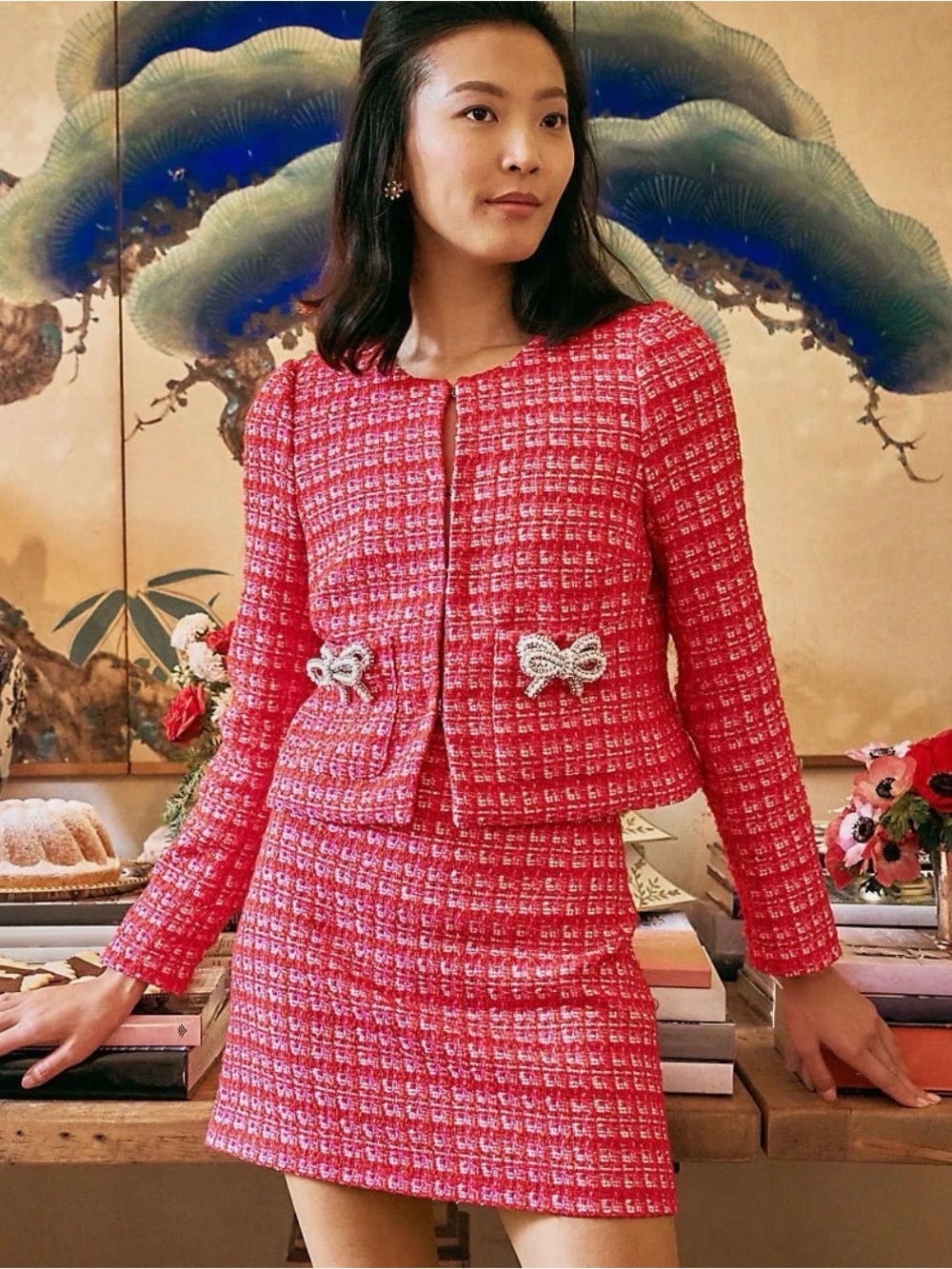 Lilly Pulitzer Pink & cranberry Red Tweed Boucle jacket, NWT also have skirt sz4